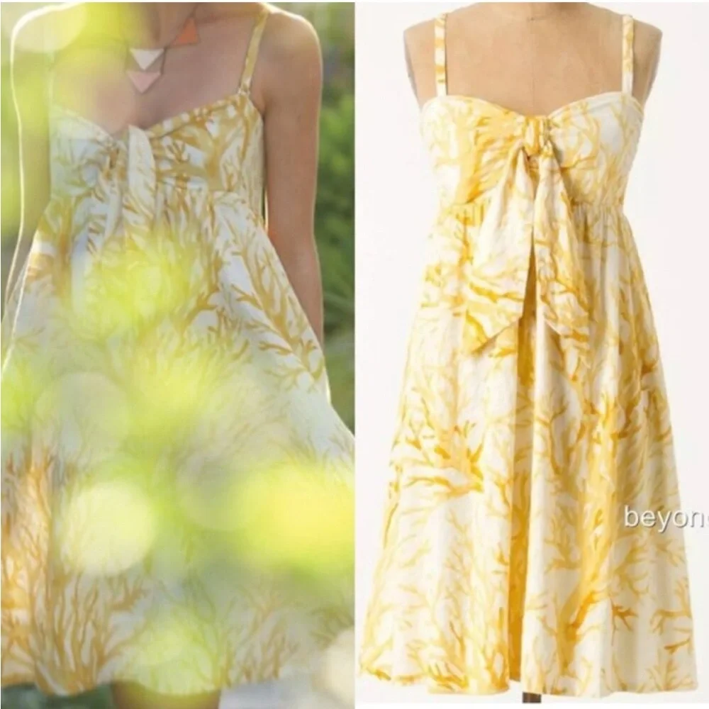 ANTHROPOLOGIE HD IN PARIS Yellow and White Coral Print Dress, Removable Straps - Picture 2 of 4